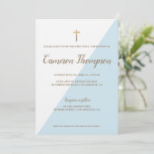 Eerste Heilige Communie Modern Blauw Wit Goud Kaart (Staand voorkant)