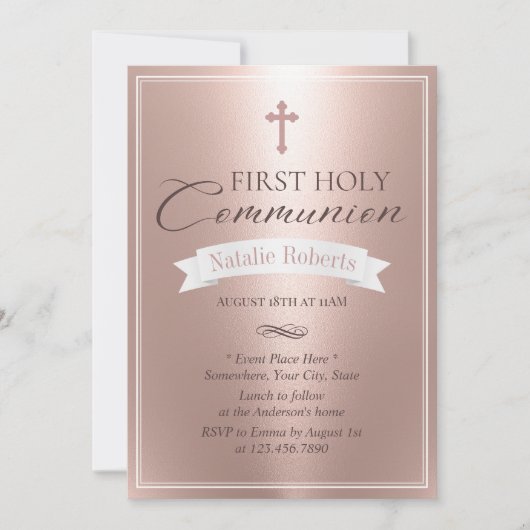 Eerste Heilige Communie Modern Blush Roos Gold Kaart (Voorkant)