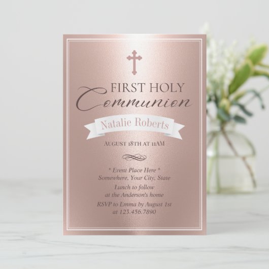 Eerste Heilige Communie Modern Blush Roos Gold Kaart (Staand voorkant)