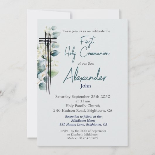 Eerste Heilige Communie Modern Botanisch Blauw Kru Kaart (Voorkant)