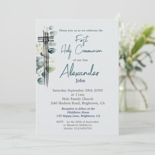 Eerste Heilige Communie Modern Botanisch Blauw Kru Kaart (Staand voorkant)