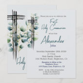 Eerste Heilige Communie Modern Botanisch Blauw Kru Kaart (Voorkant / Achterkant)