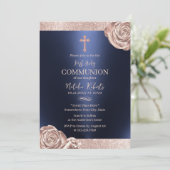 Eerste Heilige Communie Modern Navy Roos Gouden Bl Kaart (Staand voorkant)