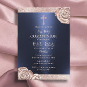 Eerste Heilige Communie Modern Navy Roos Gouden Bl Kaart