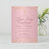 Eerste Heilige Communie Modern Roos Gouden Harten Kaart (Staand voorkant)