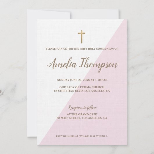 Eerste Heilige Communie Modern Roze Wit Goud Kaart (Voorkant)