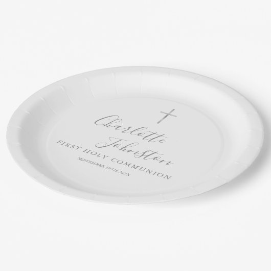 Eerste Heilige Communie Modern Silver Script Papieren Bordje (Gekanteld)