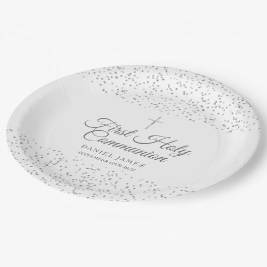 Eerste Heilige Communie Modern Silver Stardust Papieren Bordje (Gekanteld)