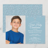 Eerste Heilige Communie Moderne Zilveren Harten Fo Kaart (Voorkant / Achterkant)