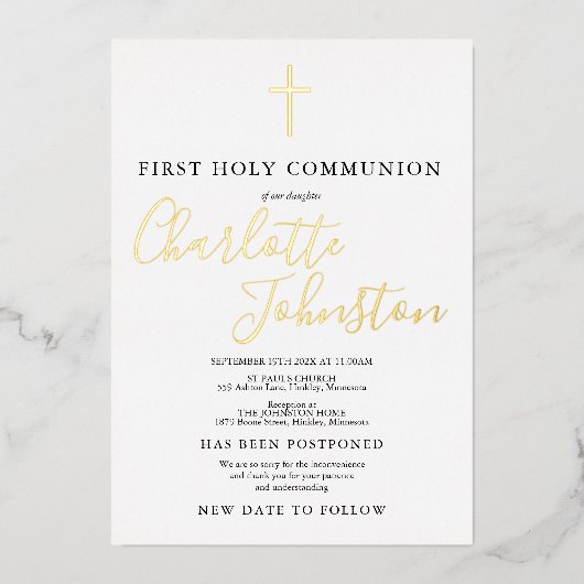 Eerste Heilige Communie na nieuwe datum Folie Uitnodiging (Voorkant)