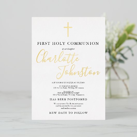 Eerste Heilige Communie na nieuwe datum Folie Uitnodiging (Staand Voorkant)