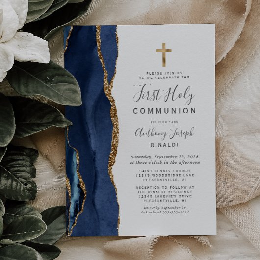 Eerste Heilige Communie Navy Blue Agate Goud Glitt Kaart