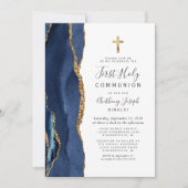 Eerste Heilige Communie Navy Blue Agate Goud Glitt Kaart (Voorkant)