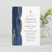 Eerste Heilige Communie Navy Blue Agate Goud Glitt Kaart (Staand voorkant)