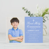 Eerste Heilige Communie One-Photo Boy Blauw Wit Kaart (Staand voorkant)