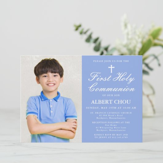Eerste Heilige Communie One-Photo Boy Blauw Wit Kaart (Staand voorkant)