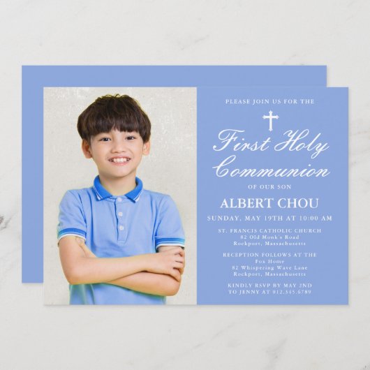 Eerste Heilige Communie One-Photo Boy Blauw Wit Kaart (Voorkant / Achterkant)