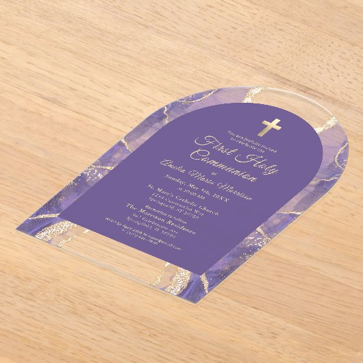 Eerste Heilige Communie Paarse Gouden Agaat Elegan Acryl Uitnodigingen (Laagn)