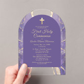 Eerste Heilige Communie Paarse Gouden Agaat Elegan Acryl Uitnodigingen (Insitu (Draagbaar))