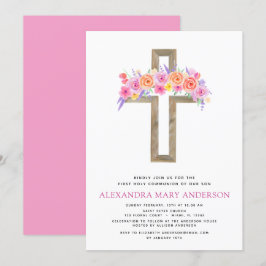 Eerste Heilige Communie Pastel Floral Pink Uitnodi Kaart