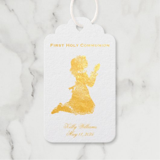 Eerste Heilige Communie Praying Girl Gold Elegant Cadeaulabels (Voorkant)