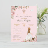 Eerste Heilige Communie Religieus Roze Meisje Kaart (Staand voorkant)
