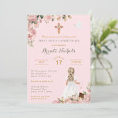 Eerste Heilige Communie Religieus Roze Meisje Kaart (Staand voorkant)