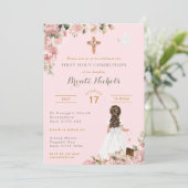 Eerste Heilige Communie Religieus Roze Meisje Kaart (Staand voorkant)