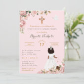 Eerste Heilige Communie Religieuze Black Afro Meis Kaart (Staand voorkant)