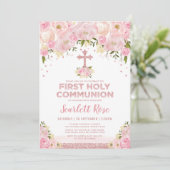 Eerste Heilige Communie Roos Goud Blush Roze Bloem Kaart (Staand voorkant)