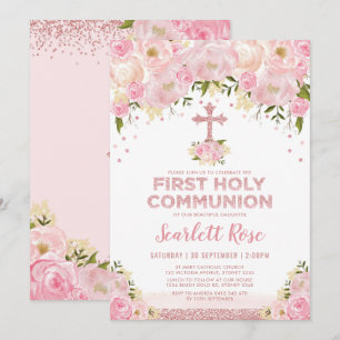 Eerste Heilige Communie Roos Goud Blush Roze Bloem Kaart