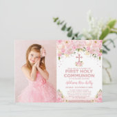  Eerste Heilige Communie Roos Gouden Roze Bloemen Kaart (Staand voorkant)