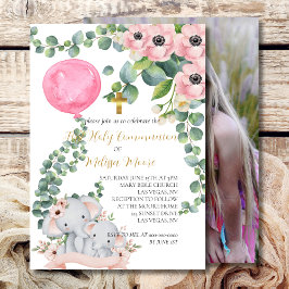 Eerste Heilige Communie Roze Ballon Eucalyptus Kaart