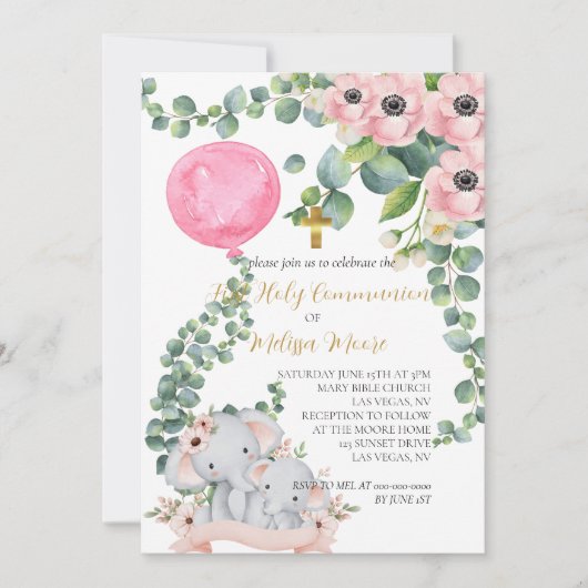 Eerste Heilige Communie Roze Ballon Eucalyptus Kaart (Voorkant)