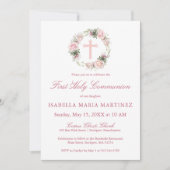 Eerste Heilige Communie Roze Bloemen Kaart (Voorkant)