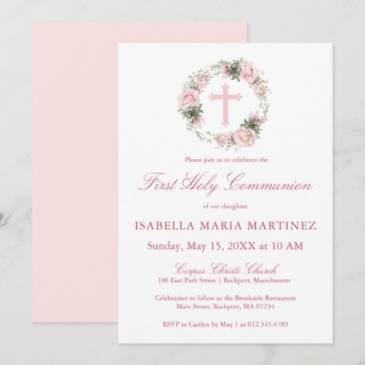 Eerste Heilige Communie Roze Bloemen Kaart (Voorkant / Achterkant)