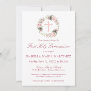 Eerste Heilige Communie Roze Bloemen Kaart