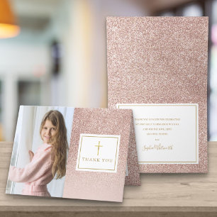 Eerste Heilige Communie Roze Goud Glitter Foto Bedankkaart