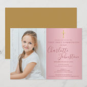 Eerste Heilige Communie Roze Goud Schrift Foto Kaart (Voorkant / Achterkant)