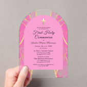 Eerste Heilige Communie Roze Gouden Agaat Elegant Acryl Uitnodigingen (Insitu (Draagbaar))