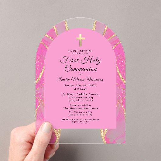 Eerste Heilige Communie Roze Gouden Agaat Elegant Acryl Uitnodigingen (Insitu (Draagbaar))