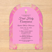 Eerste Heilige Communie Roze Gouden Agaat Elegant Acryl Uitnodigingen (Voorkant)