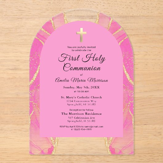 Eerste Heilige Communie Roze Gouden Agaat Elegant Acryl Uitnodigingen (Voorkant)