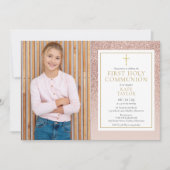 Eerste Heilige Communie Roze Gouden Glitter Foto Kaart (Voorkant)