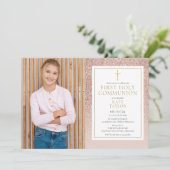 Eerste Heilige Communie Roze Gouden Glitter Foto Kaart (Staand voorkant)