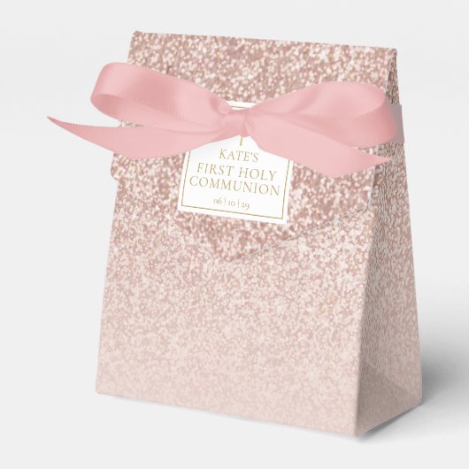 Eerste Heilige Communie Roze Gouden Glitters Bedankdoosjes (Voorkant Zijde)
