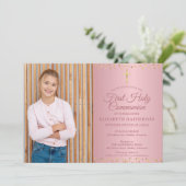 Eerste Heilige Communie Roze Gouden Harten Foto Kaart (Staand voorkant)