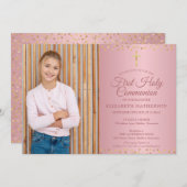Eerste Heilige Communie Roze Gouden Harten Foto Kaart (Voorkant / Achterkant)