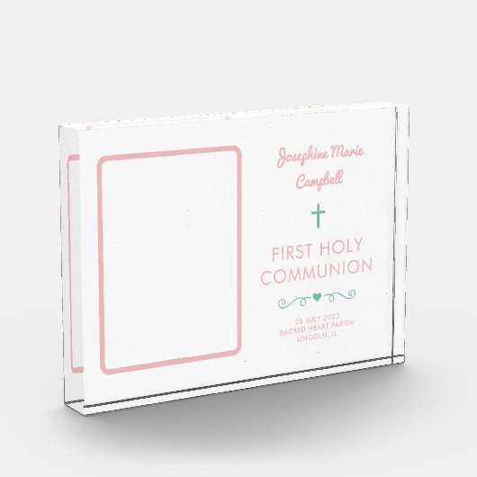 Eerste Heilige Communie Roze Meisje Religieuze Kee Fotoblokken (Links)