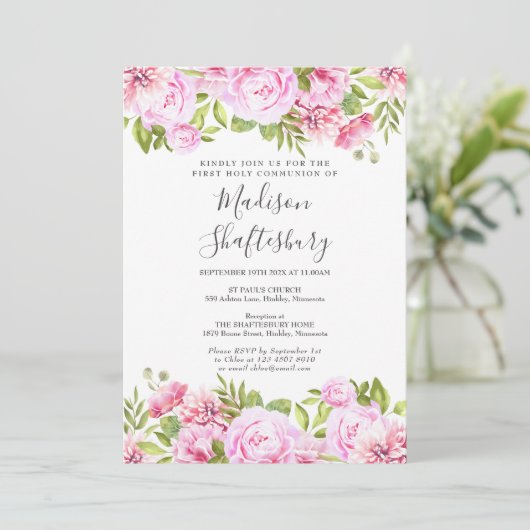 Eerste Heilige Communie Roze Roos Bloemen Kaart (Staand voorkant)